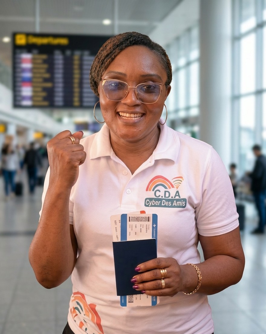 Une conseillère de l'agence sourit, le poing levé, avec un passeport et des billets d'avion